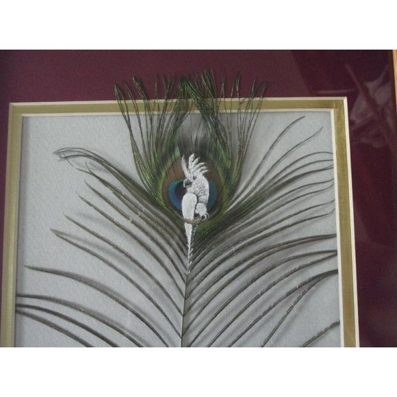 Great White Cockatoo Hand Painted Turkey Feather Framed Picture 16.5" X 13.5" - Picture 2 of 12